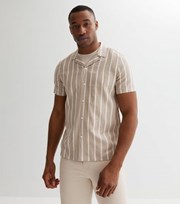 New Look Stone Stripe Linen Blend Revere Collar Short Sleeve Shirt